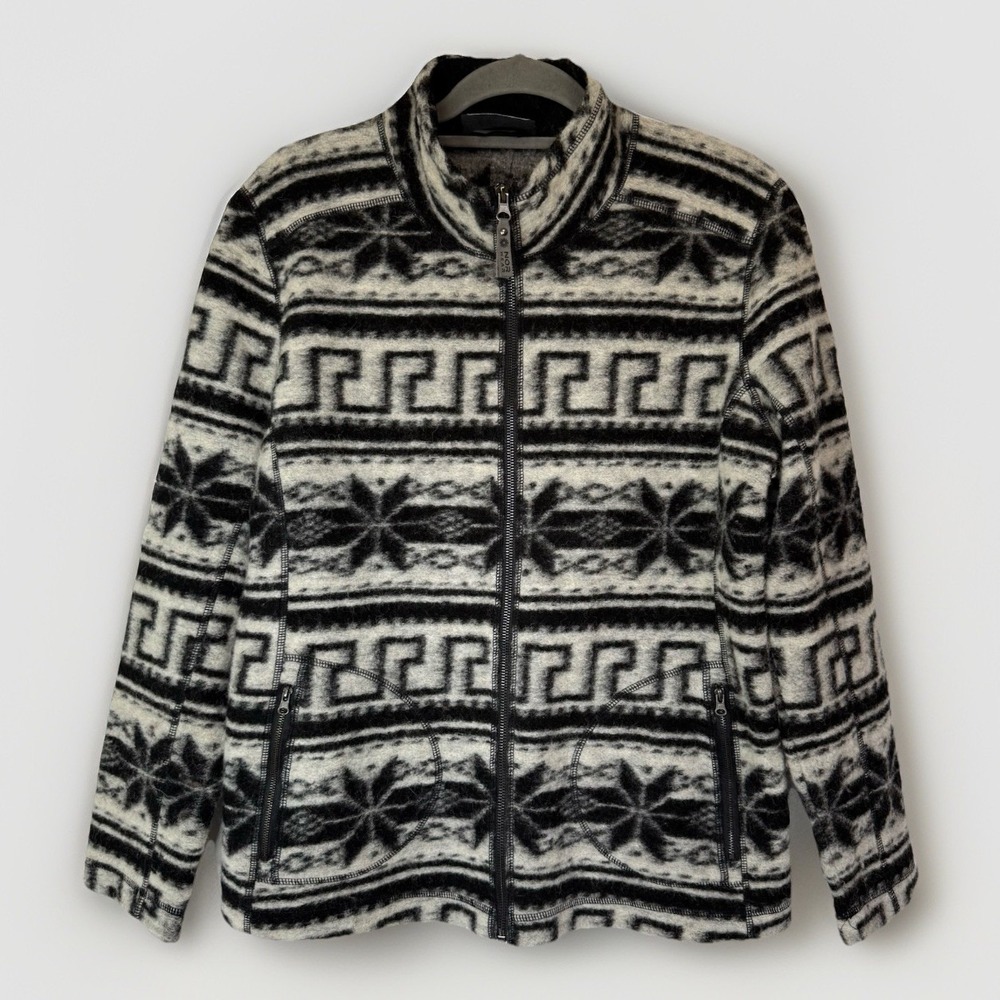 Norwear Wool Blend Nordic Full Zip Jacket Large Black White Fair Isle Geometric